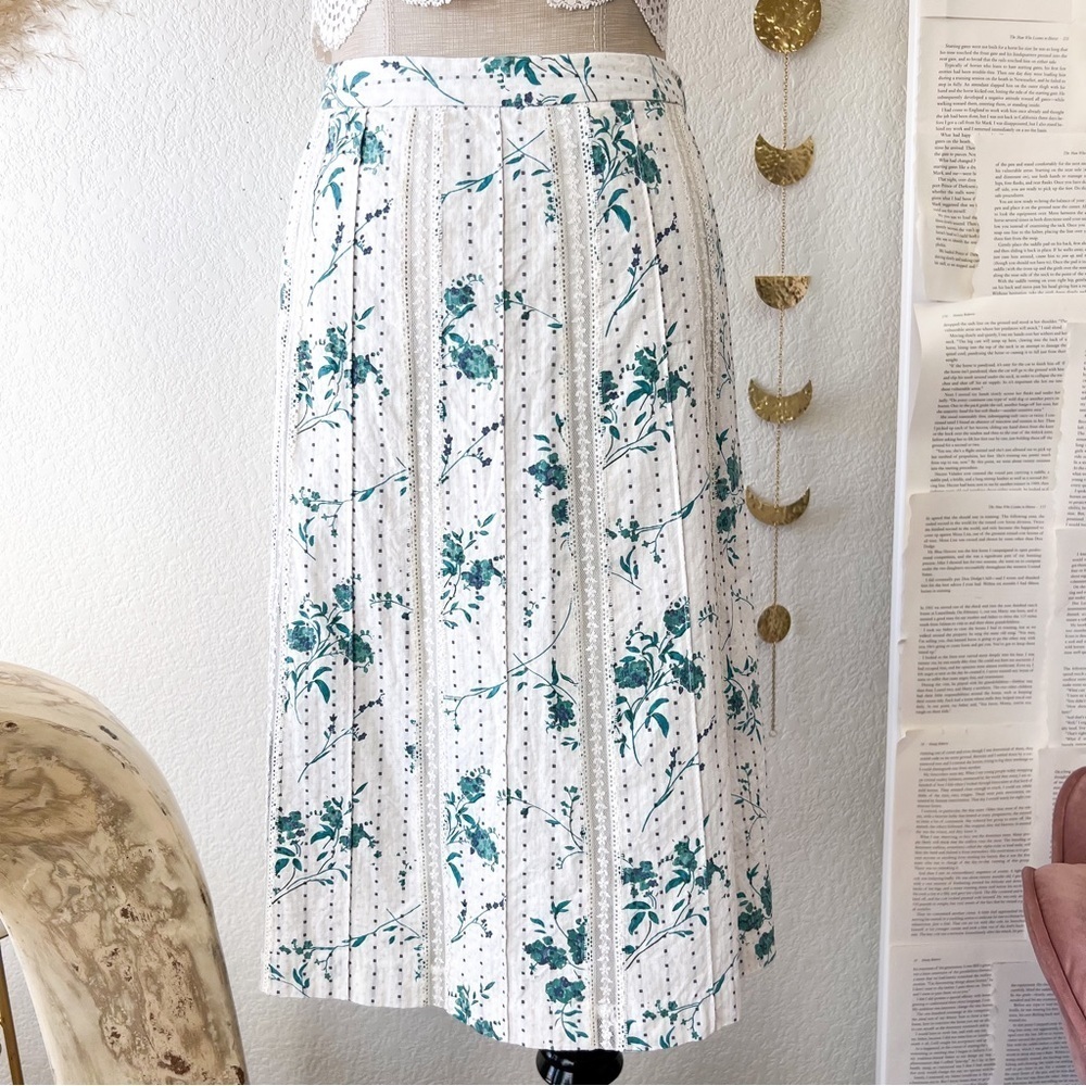 Cottagecore Floral Print Lace Trim Knee Length Skirt